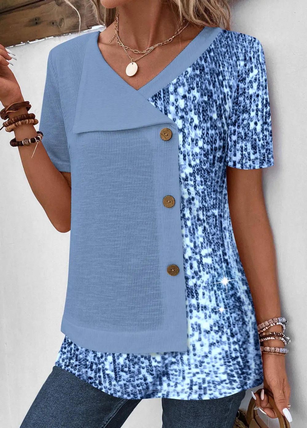 Patchwork Floral Print V Neck T Shirt