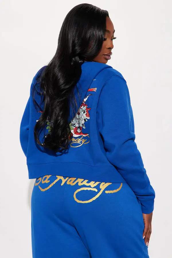 Tiger Lotus Ed Hardy Zip Front Hoodie - CobaltBlue