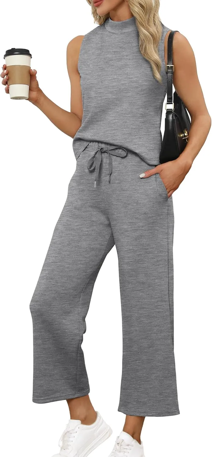 Two Piece Sets for Women Summer Outfits Lounge Sets Mock Neck Tops Wide Leg Crop Pants Vacation Travel Outfits