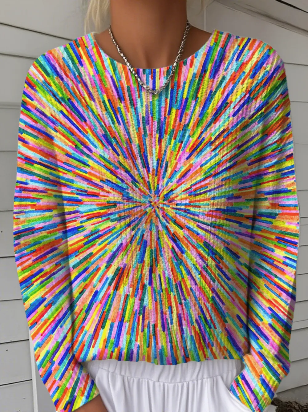 Women's Line Pattern Crew Neck Sweater Casual Comfort Regular Pullover Sweatshirt