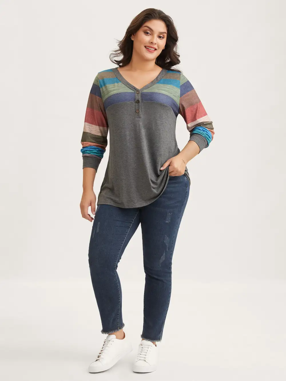 Colorblock Contrast V Neck Button Up T-shirt