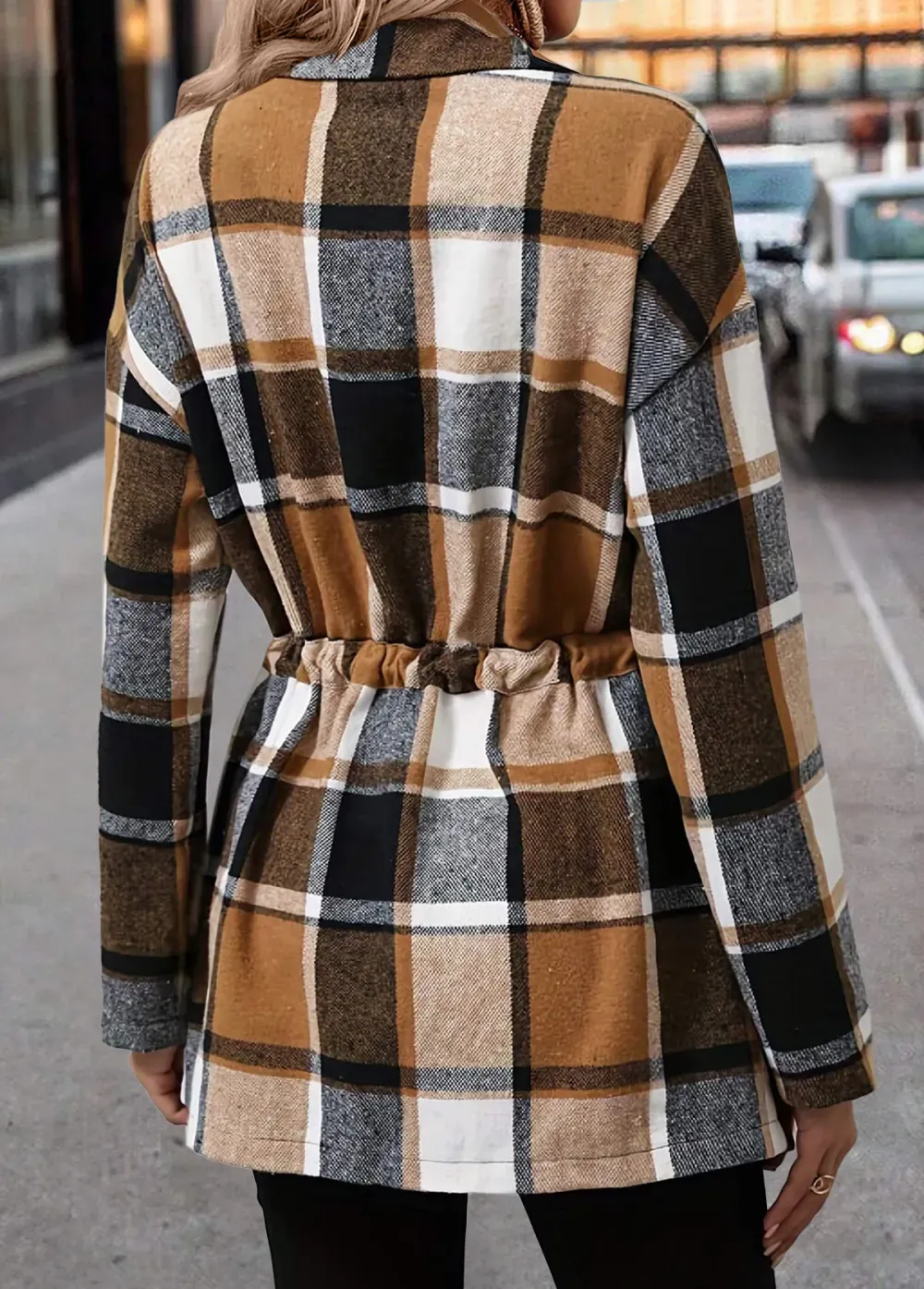 Light Coffee Peplum Plaid Long Sleeve Shirt Collar Blouse