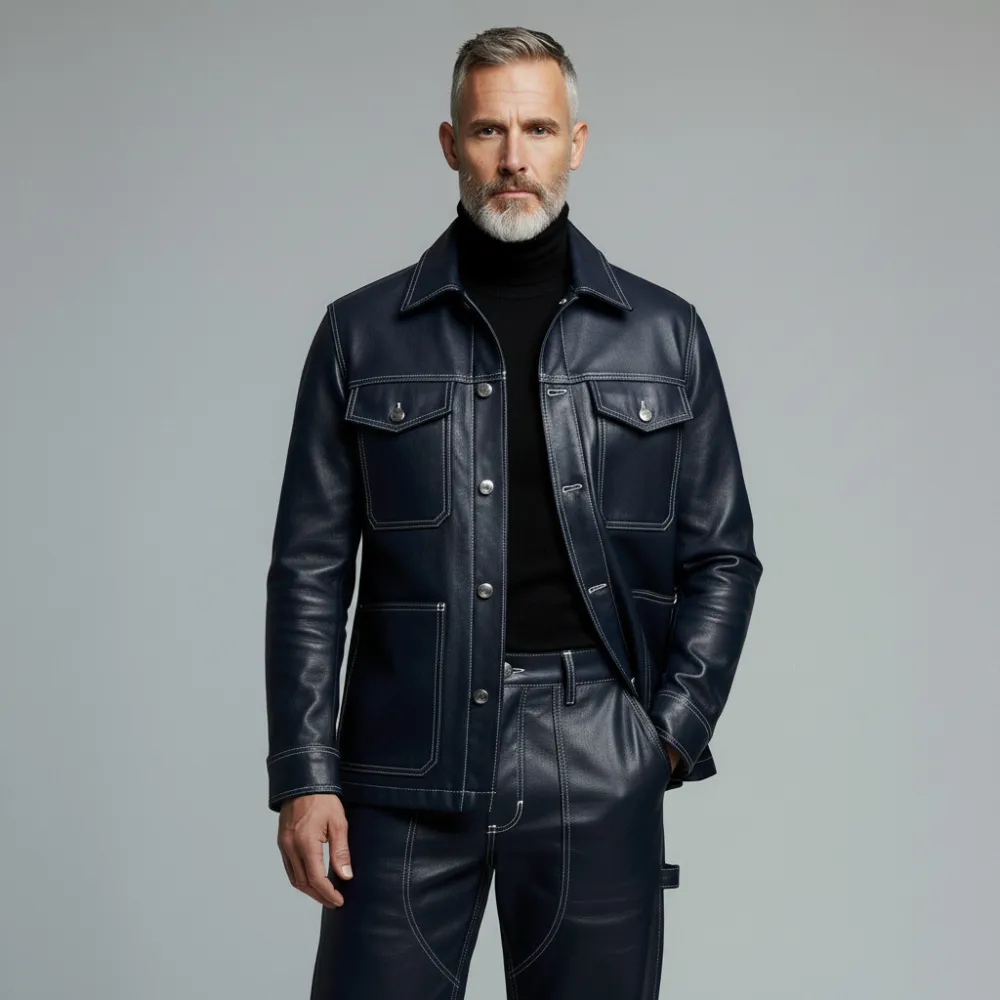 Men's Navy Blue PU Leather Contrast Stitched Button Flap Pockets Long Sleeve Trucker Jacket