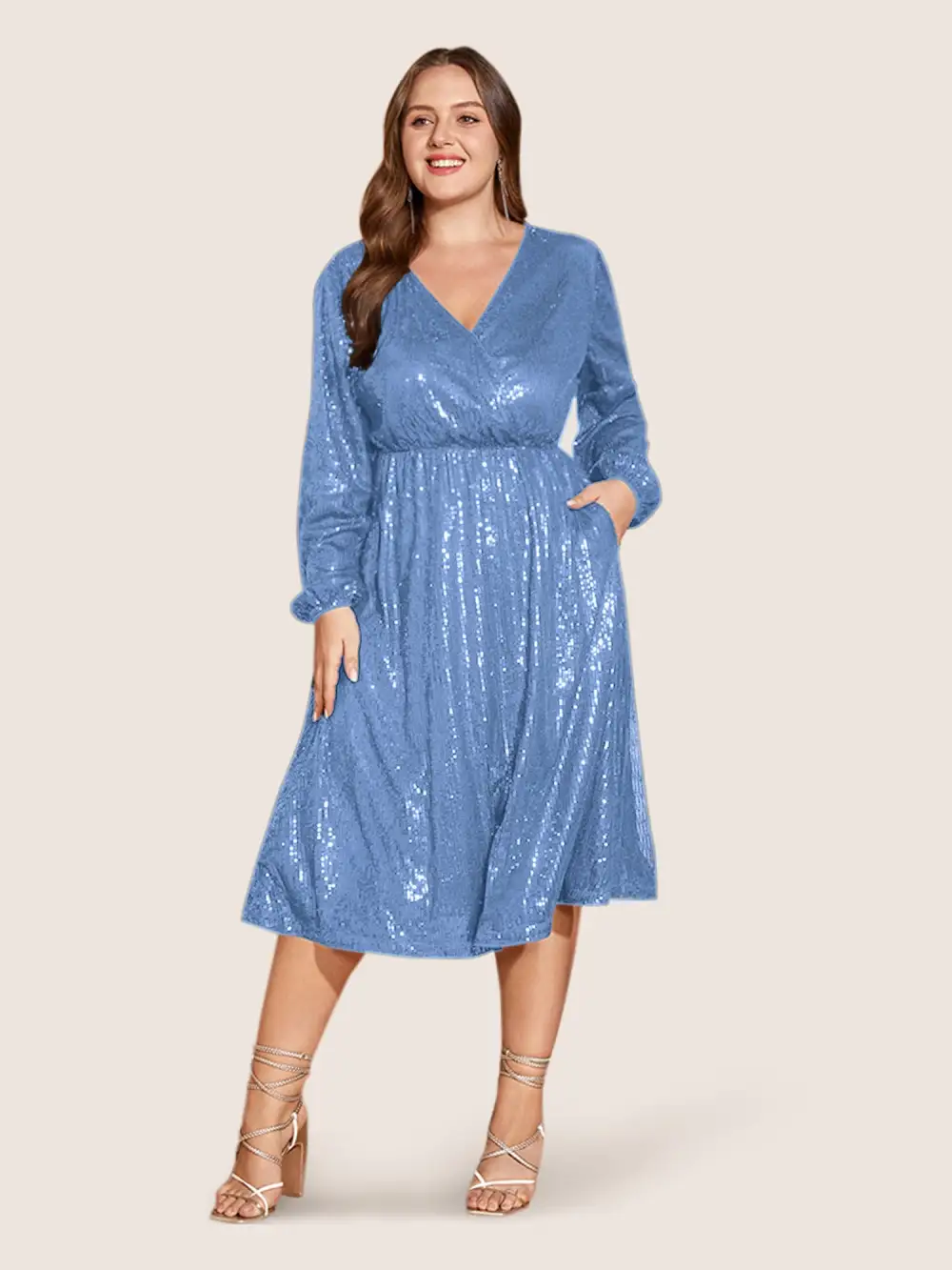 Solid Pocket Lantern Sleeve Wrap Sequin Dress