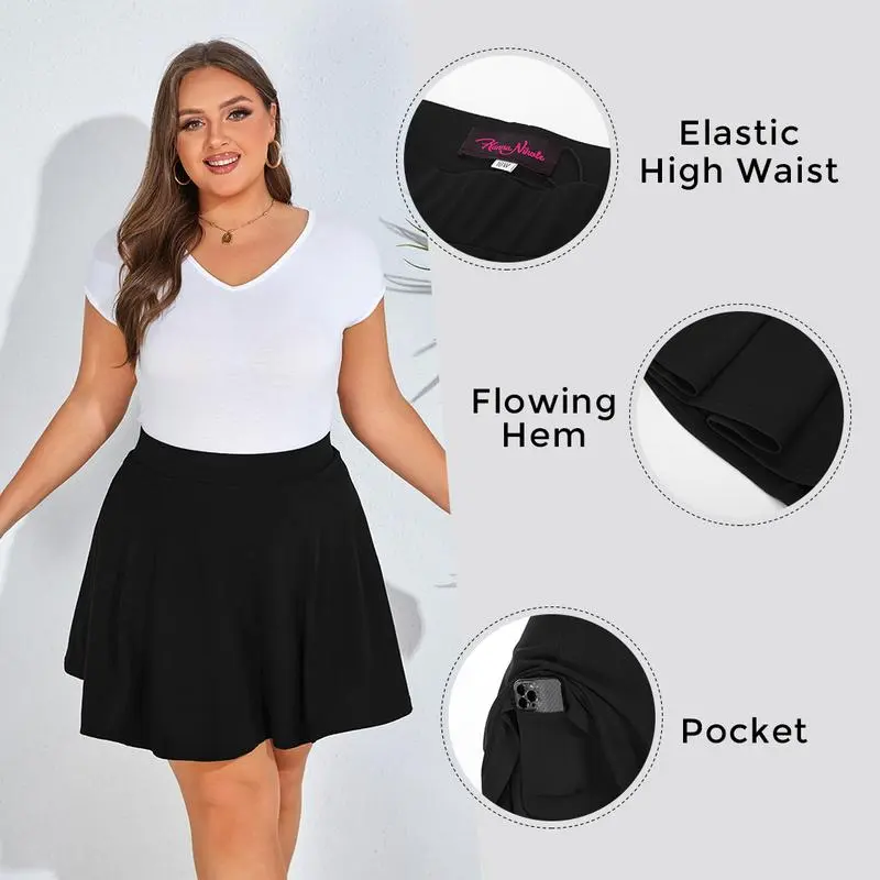 Women Plus Size Casual Mini Skater Skirt Elastic Lining High Waist Basic Flared Skorts Pleated with Pocket