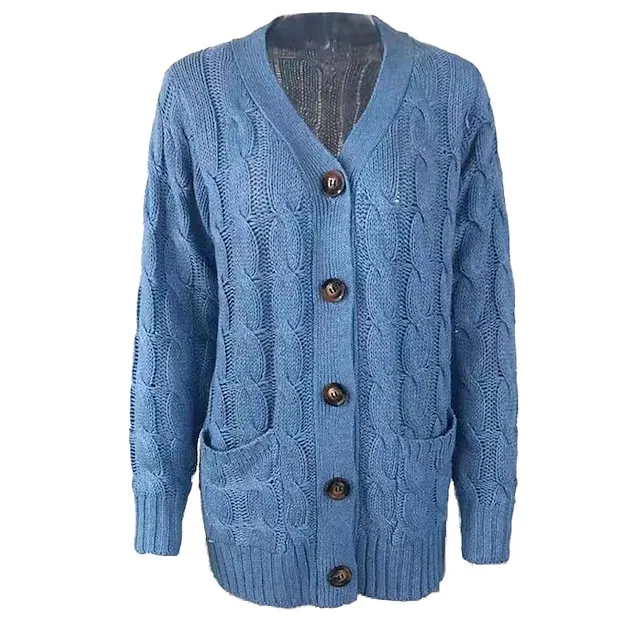 Women's Cardigan Pocket Knitted Button Solid Color Casual Chunky Long Sleeve Regular Fit Sweater Cardigans