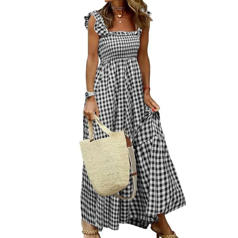 Women's Retro Plaid Smocked Flounce Maxi Dress – Spaghetti Strap