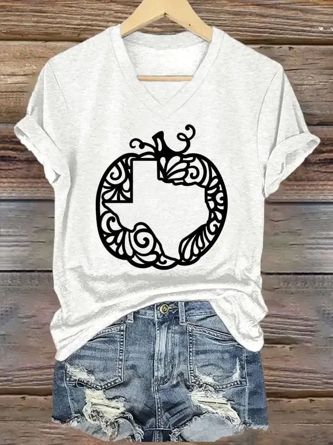 V-Neck Retro Texas Strong Fall Pumpkins Print T-Shirt