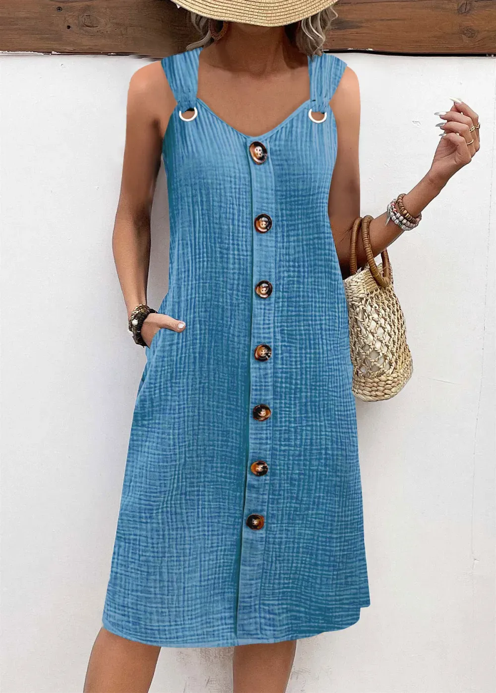 Dusty Blue Breathable A Line Sleeveless V Neck Dress