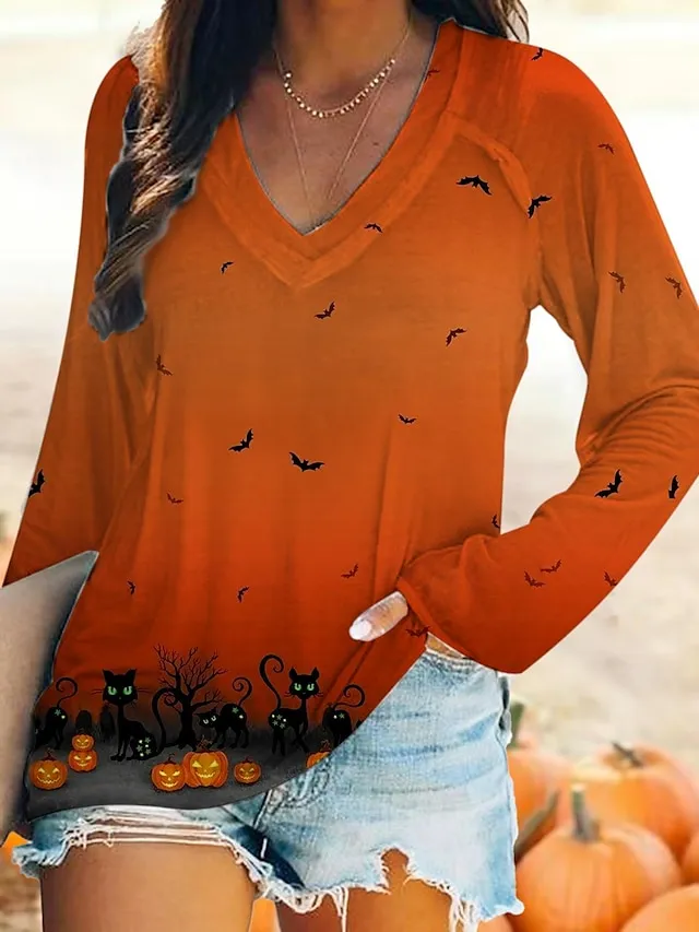 Women's T shirt Tee Burgundy Tee Halloween Shirt Cat Print Halloween Weekend Daily Basic Long Sleeve V Neck Yellow Fall & Winter