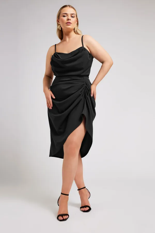 YOURS LONDON Curve Black Cowl Neck Gathered Dress