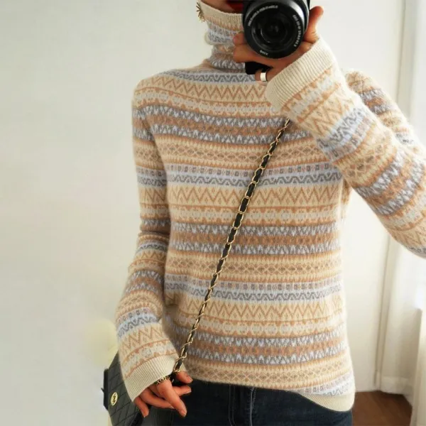 Vintage Ethnic Jacquard Long Sleeve Pile Neck Sweater