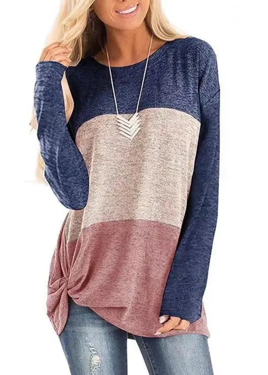 Round Collar Splice Color Block Knot-front Long Sleeve T-shirt