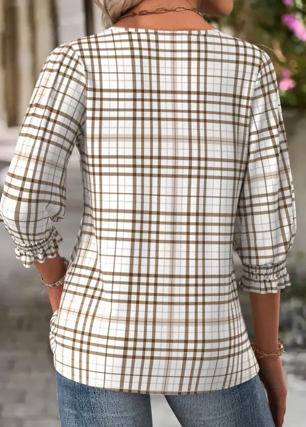 Light Camel Plaid 3/4 Sleeve Round Neck Blouse