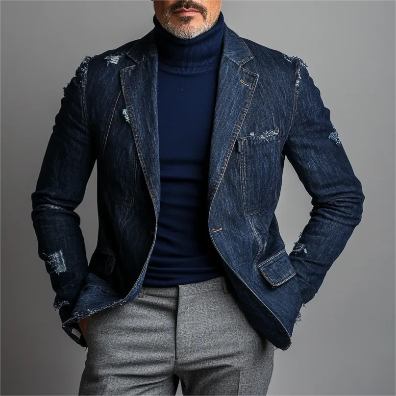 Men's Denim Ripped Notch Lapel One Button Jacket