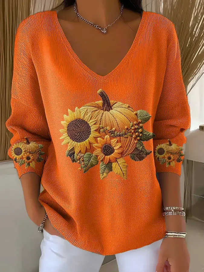 Women's Casual Pumpkin Floral Long Sleeve T-Shirt