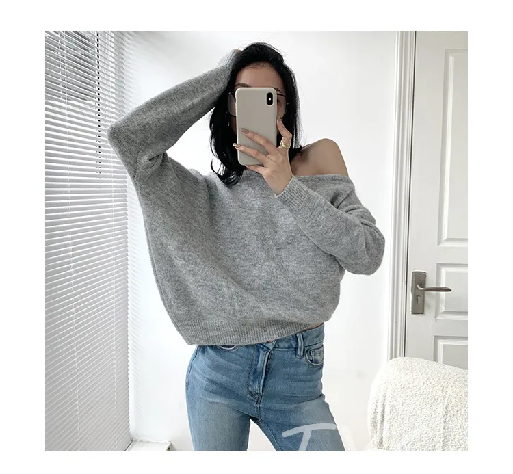 Mohair Off-shoulder Irregular Sweater