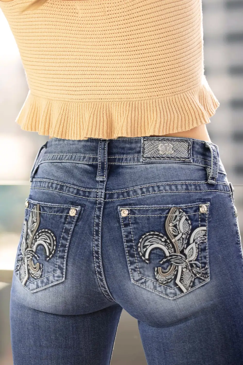 Detailed Fleur De Lis Skinny Denim