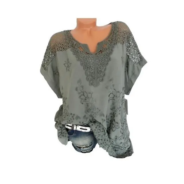 Women's Shirt Lace Shirt Blouse Eyelet top Chiffon Plain Embroidered Daily Going out Weekend Streetwear Basic Casual Short Sleeve V Neck Black Summer Spring