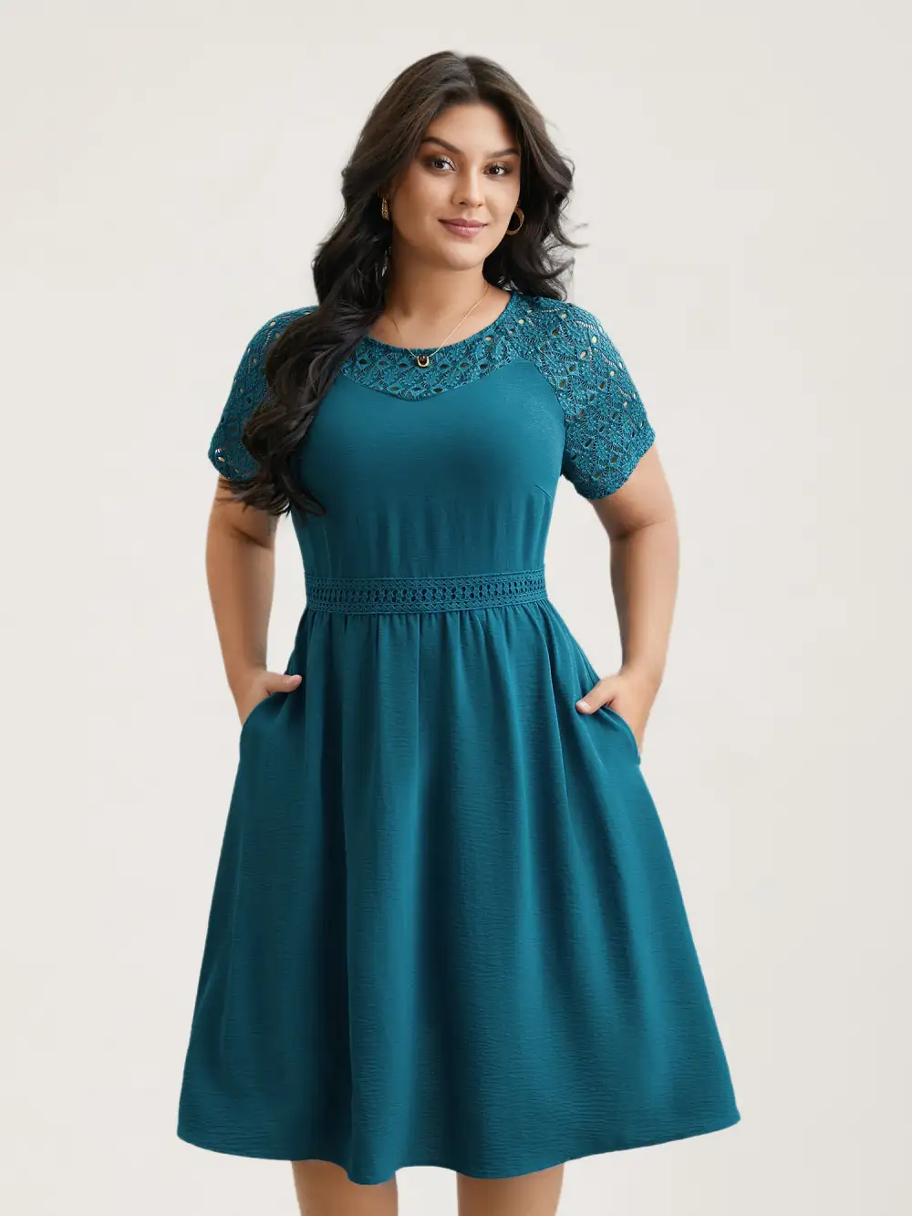 Lace Cut-Out Raglan Sleeve Pockets Midi Dress