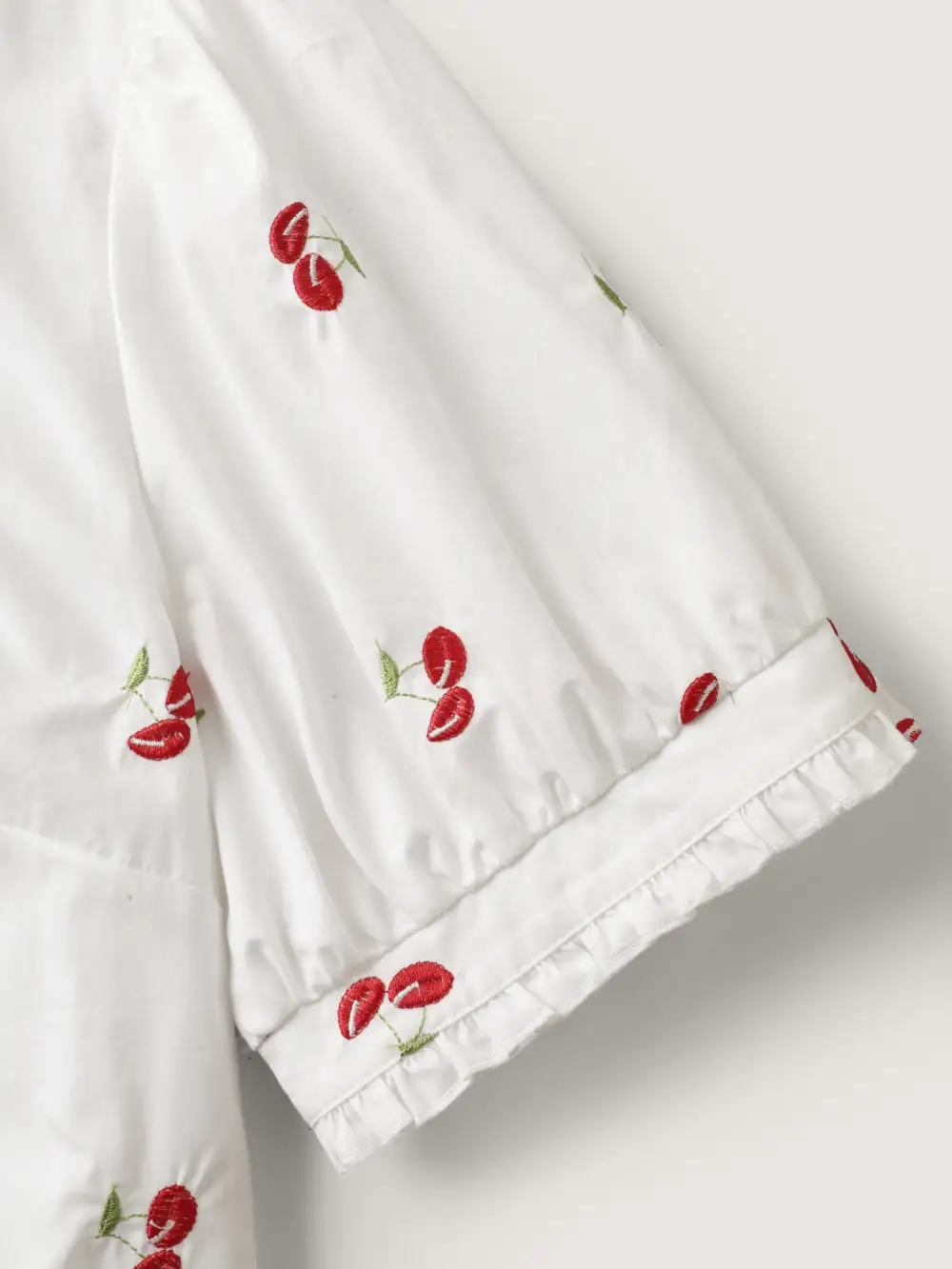 Cotton Cherry Embroidery Ruffled Neck Blouse