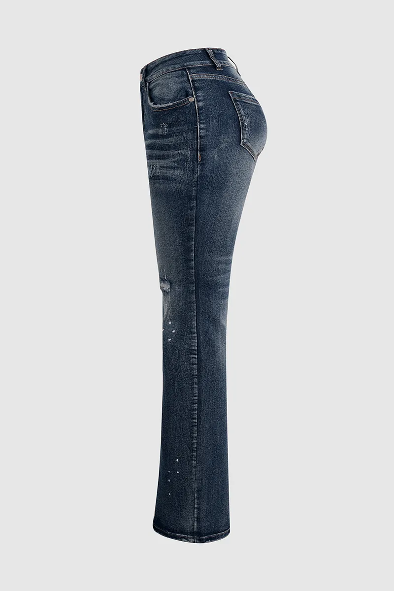 Ripped Slant Pocket Flare Jeans