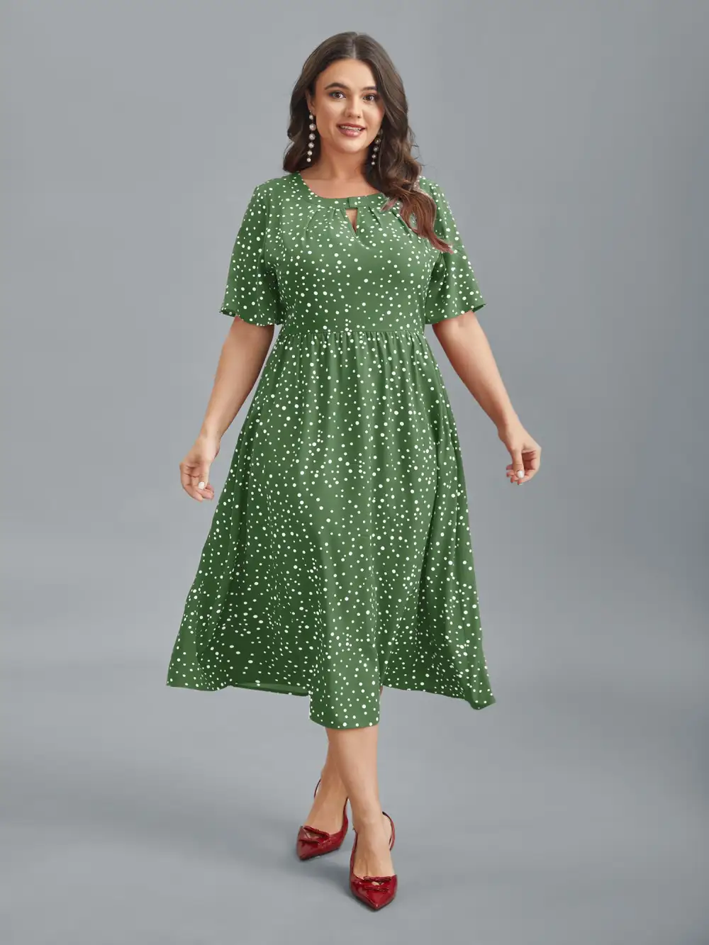 Polka Dots Print Cut-Out Flutter Sleeve Midi Dress