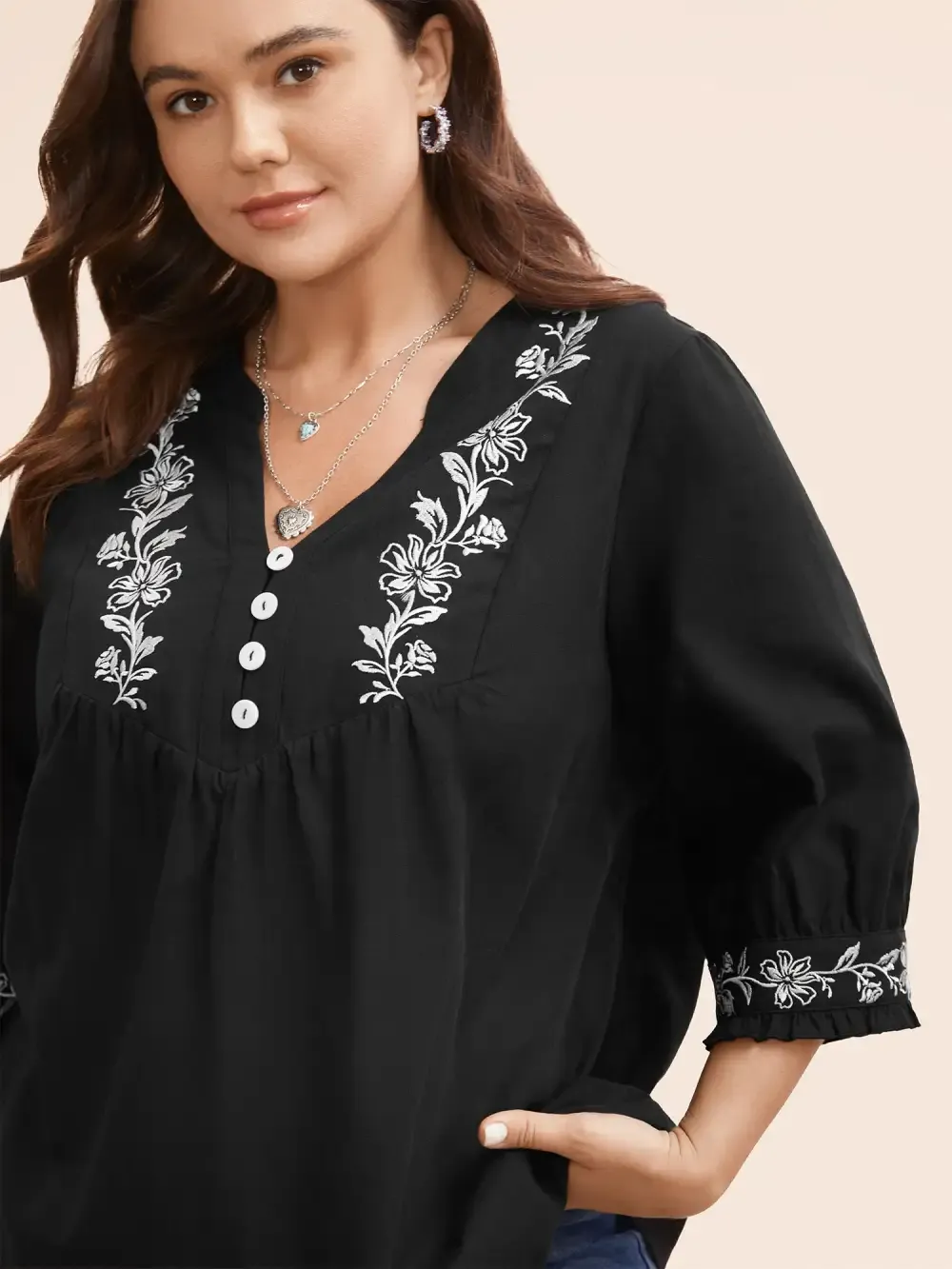 Cotton Floral Embroidered Notched Collar Frill Trim Blouse