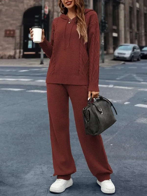 Drop Shoulder Cable Knit Drawstring Hooded Sweater & Knit Pants