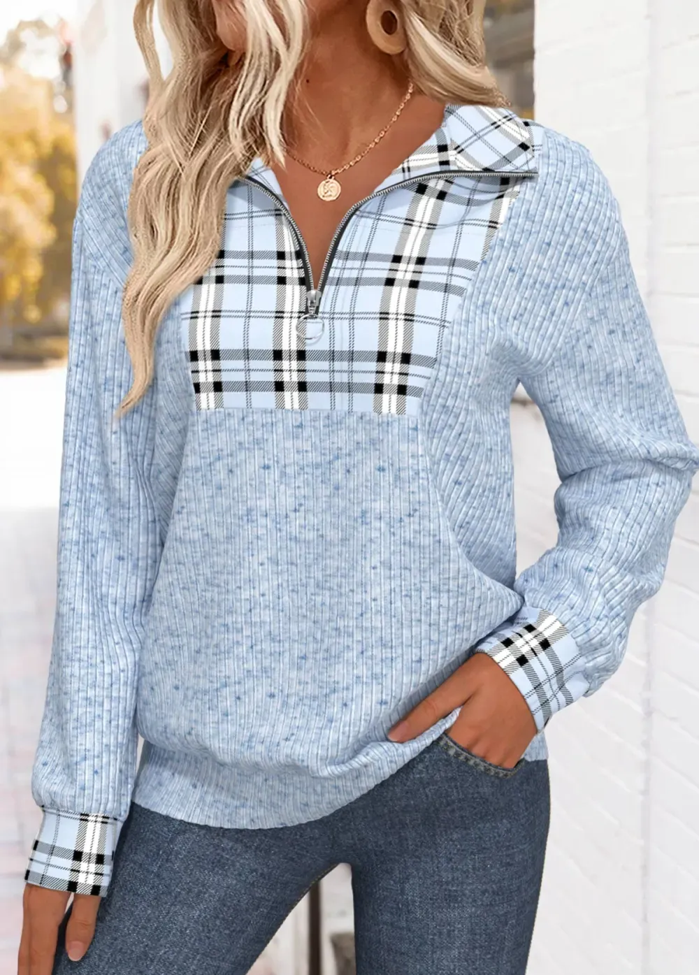 Light Blue Plaid Long Sleeve Turn Down Collar Sweatshirt