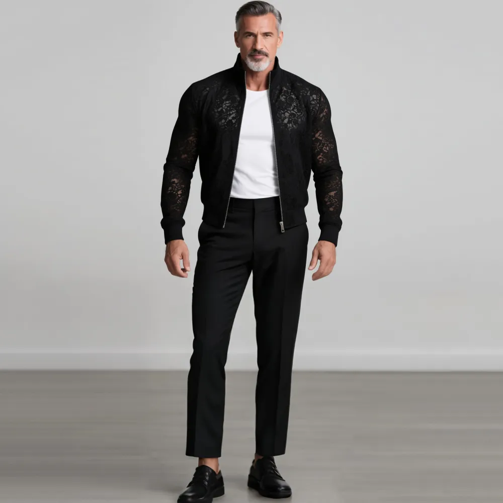 Men's Lace See-Through Stand Collar Long Sleeve Zipper Jacket