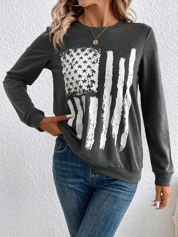 Women's Casual US Flag Print Loose Fit Round Neck Long Sleeve Sweatshirt, Spring Autumn