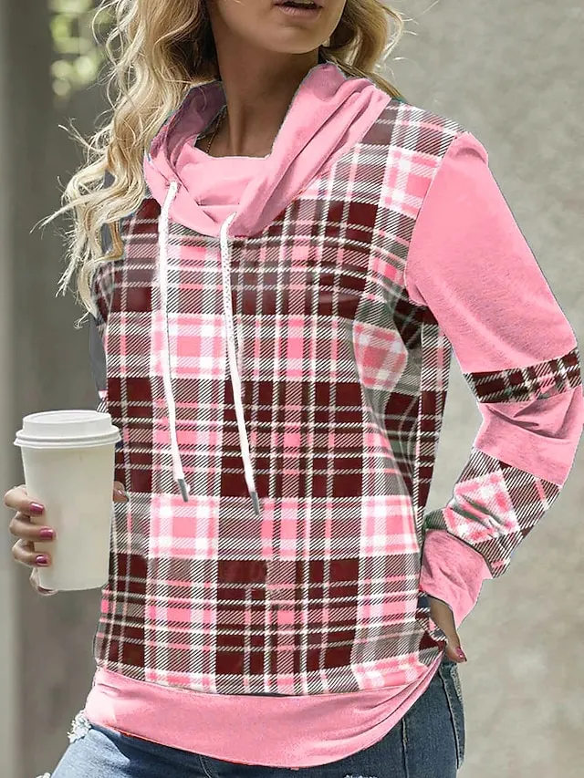 Women's Hoodie Sweatshirt Pullover Sports Basic Drawstring Red Blue Purple Plaid Street Casual Hoodie Long Sleeve Top Micro-elastic Fall & Winter