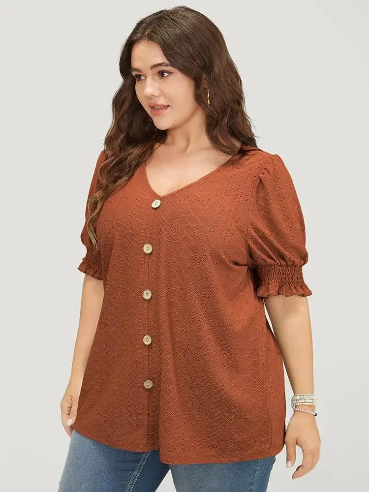 Plain Broderie Anglaise Shirred Puff Sleeve Button Detail T-shirt
