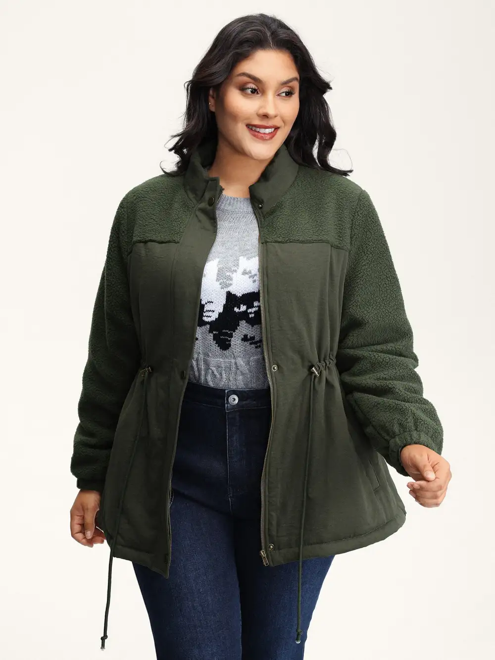 Mixed Fabric Waist Drawstring Quilted Jacket