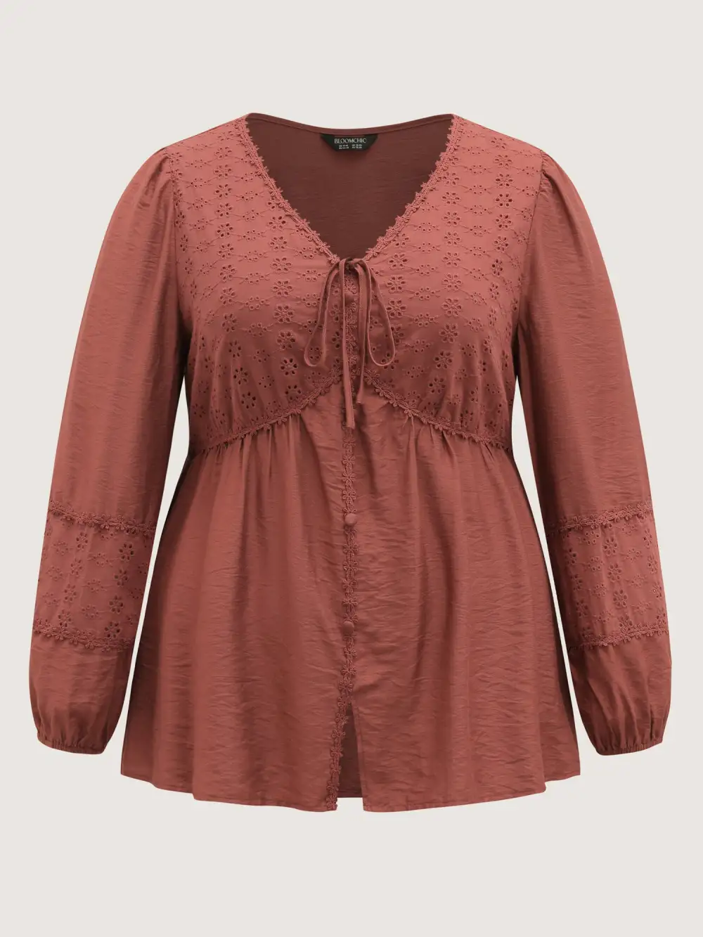 Lace Trim High-Waist Neck Tie Blouse