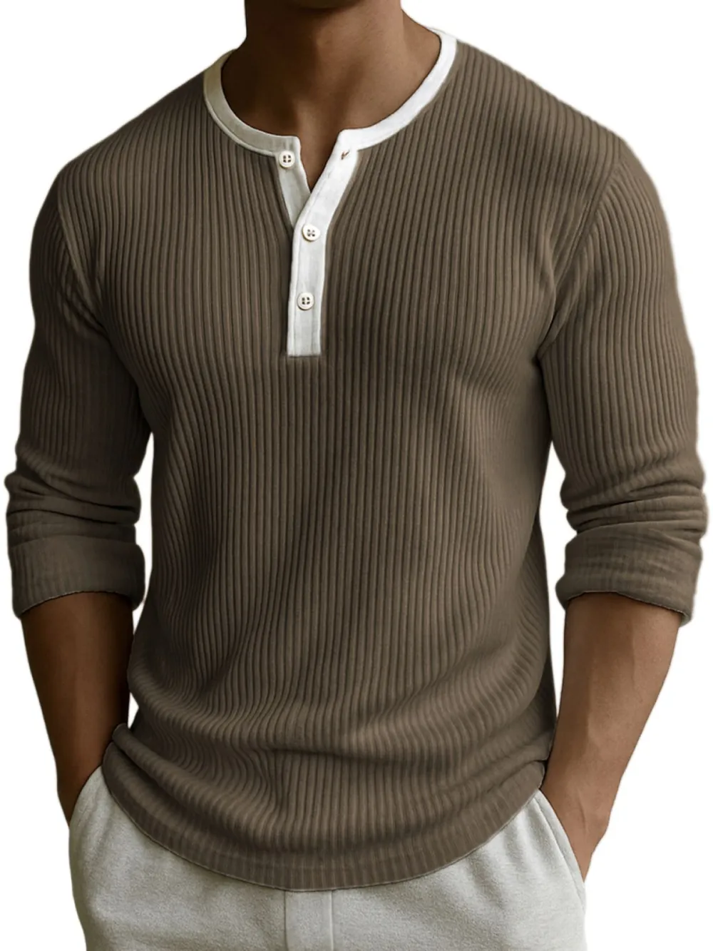 Men's Comfort Ribbed Texture Color-block Fittness Stylish Daily Henley Shirt
