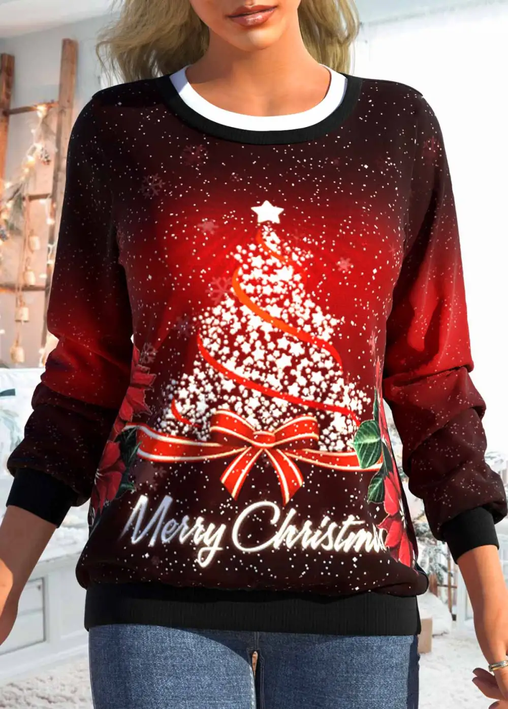 Wine Red Fake 2in1 Christmas Tree Print Sweatshirt