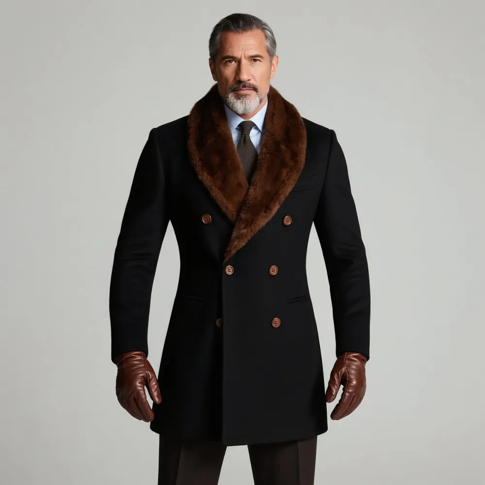 Men's Business Furry Shawl Lapel Double Breasted Long Sleeve Windproof Fur Collar Overcoat