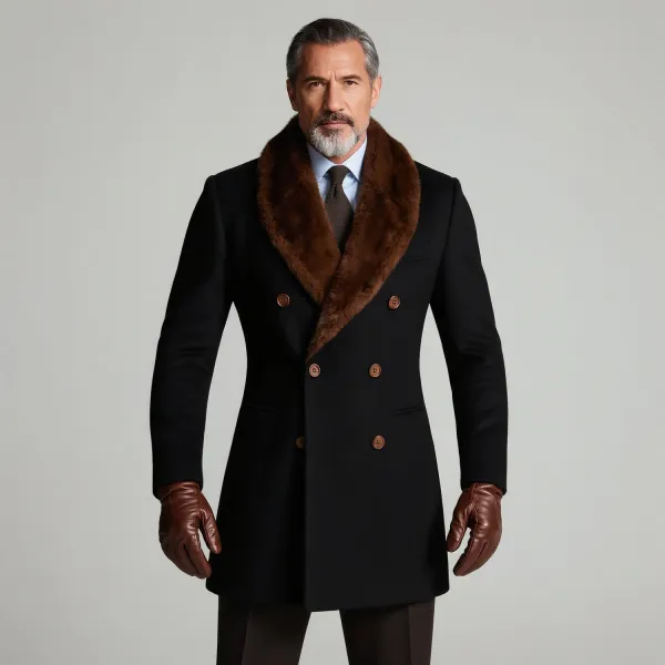 Men's Business Furry Shawl Lapel Double Breasted Long Sleeve Windproof Fur Collar Overcoat
