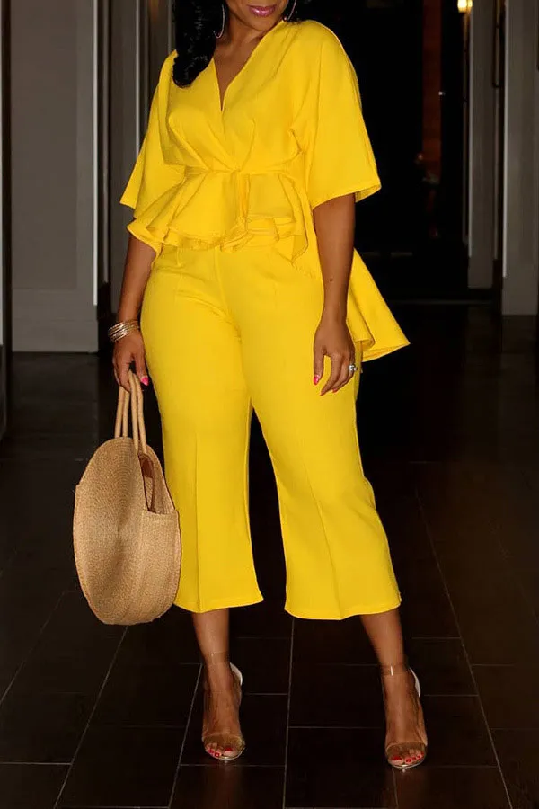 Yellow Irregular Peplum Pant Set