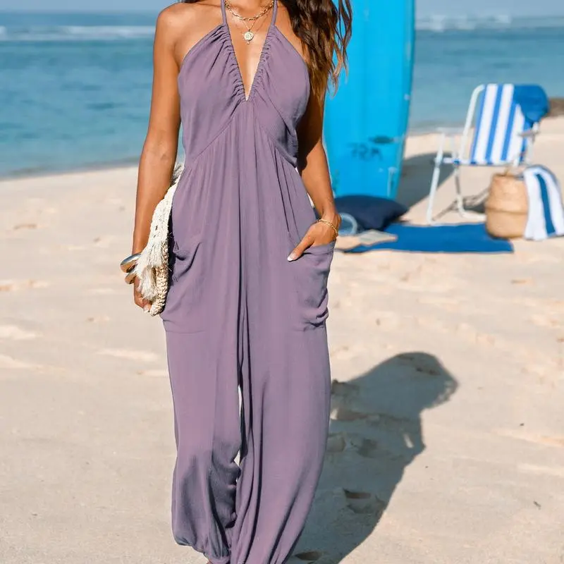 Women's Plunge Halter Jumpsuit – Sleeveless Pleated Maxi Romper with Pockets
