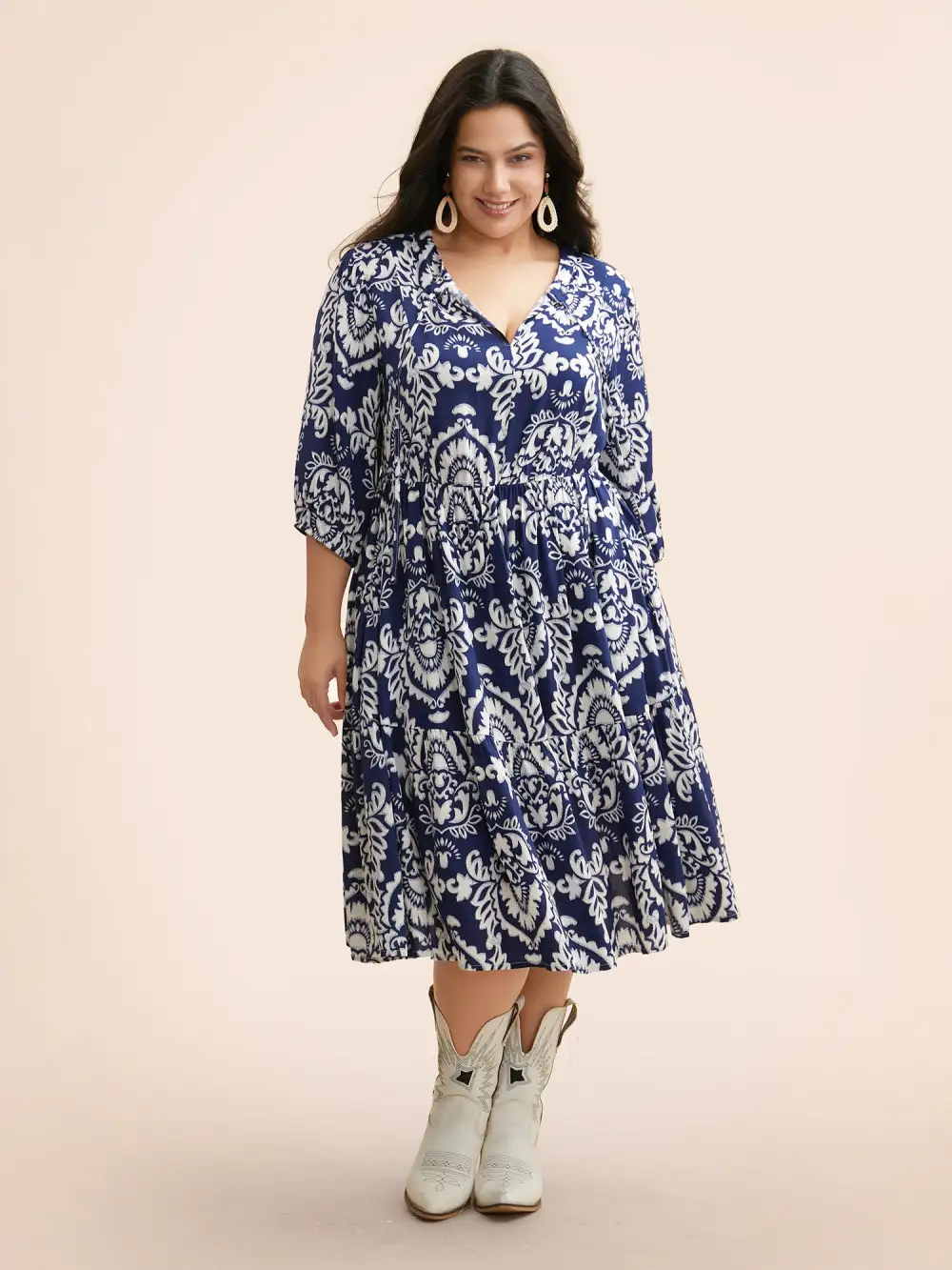 Damask Print Tie Knot Puff Sleeve Dress