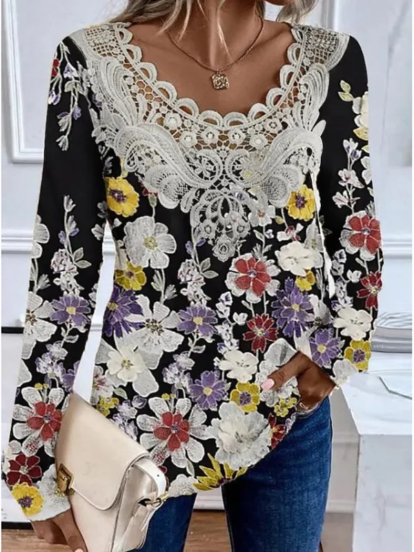 Women's Shirt Blouse Floral Lace Print Casual Holiday Fashion Long Sleeve V Neck Black Spring &  Fall