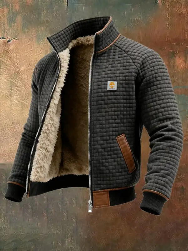 Men's Retro Textured Square Plaid Warm Multi-pocket Outdoor Jacket