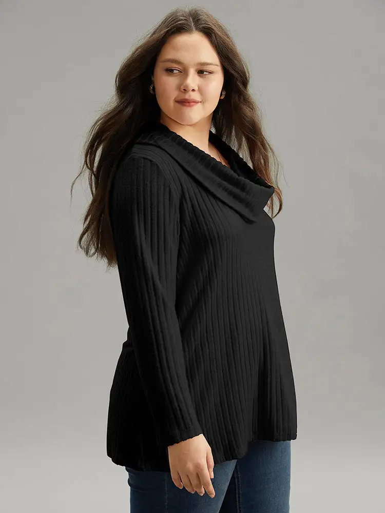 Plain Rib Knit Cowl Neck T-Shirt