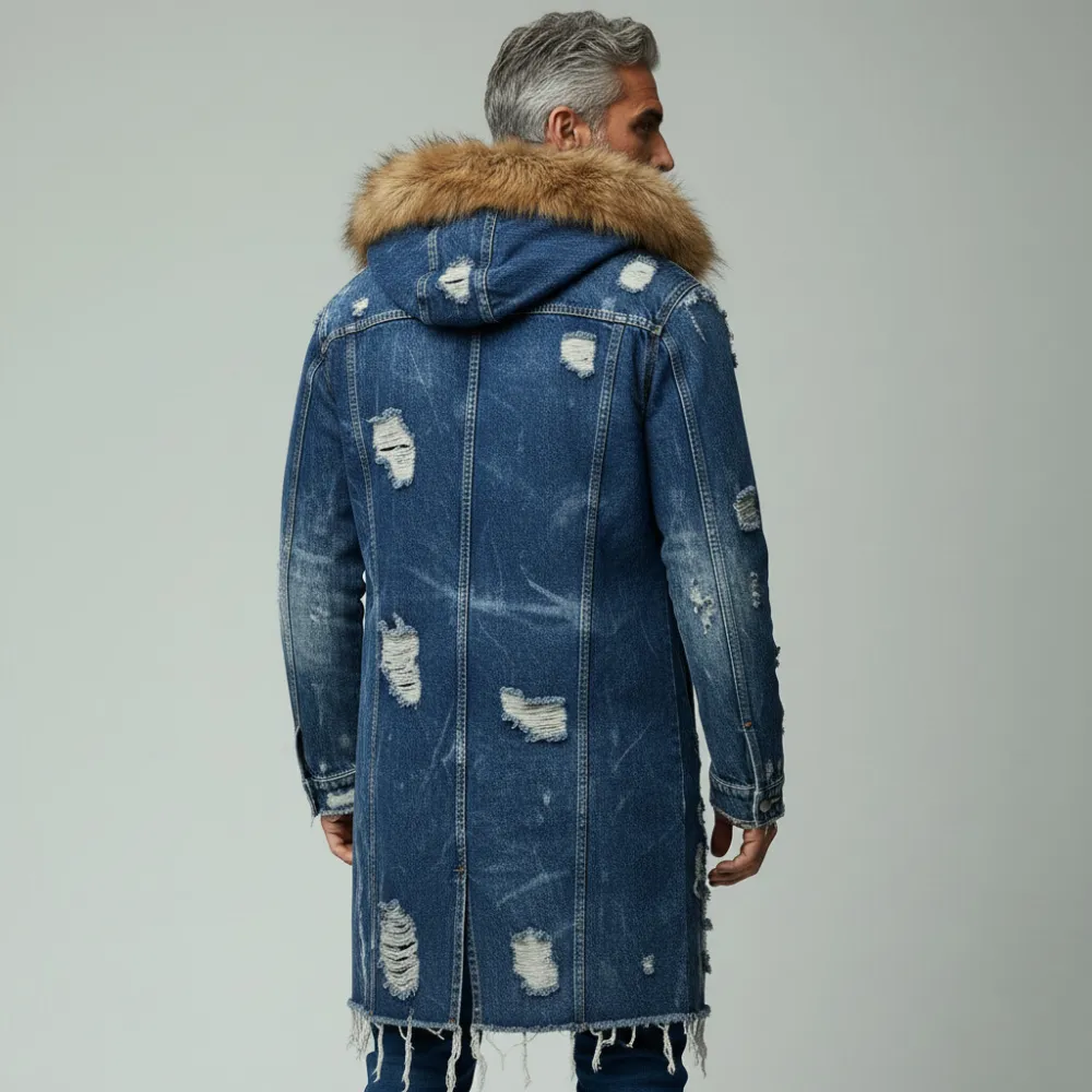 Men's Blue Ripped Raw Edge Long Sleeve Button Furry Hooded Denim Coat