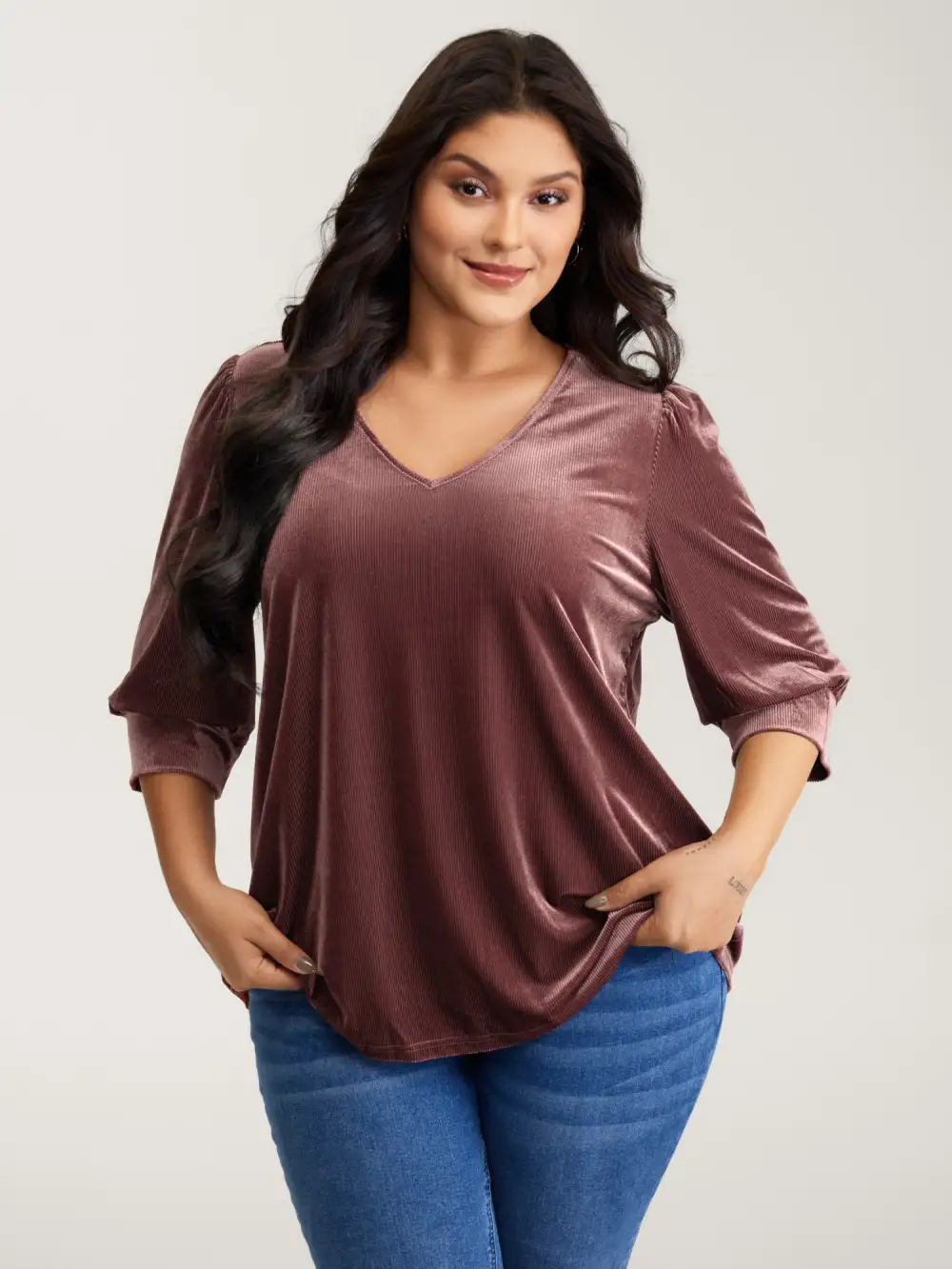 Velvet Textured Drape V-Neck Top