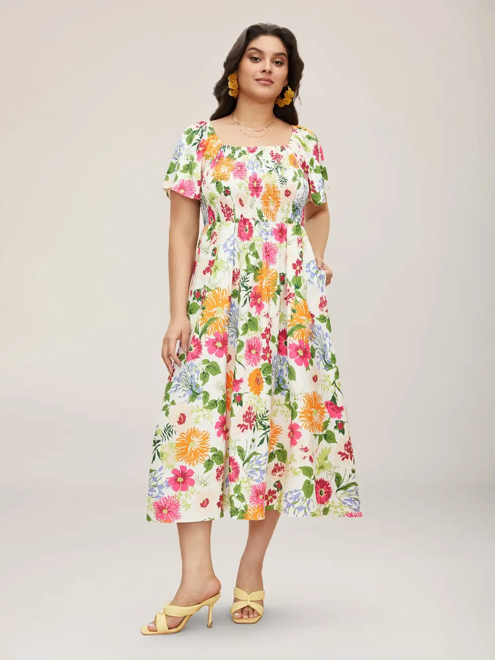 Floral Shirred Square Neck Pocket Midi Dress