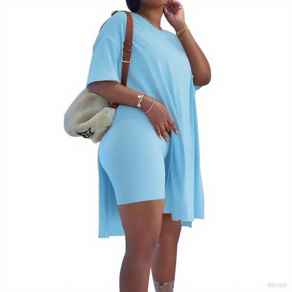 Women Plus Size 2 - Piece Outfits: Crewneck Short Sleeve Tunic & Skinny Biker Shorts Sets